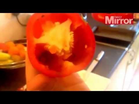 شاهد رجل يعثر على دودة داخل ثمرة الفلفل الأحمر