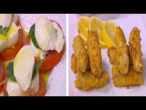 طريقة عمل سمك مقلي بالبطاطس الشيبس  سلطة طماطم بالموتزريلا